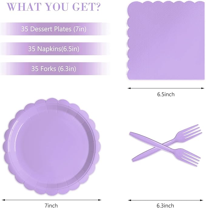 105PCS Paper Plates and Napkins Set,7 Inch Scalloped Disposable Tableware with Forks for Birthdays, Garden Parties & Outdoor Events,Serves 35 (Light Purple)
