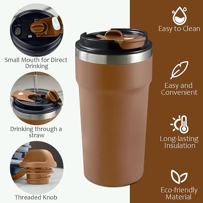 Travel Coffee Mugs Leak-Proof, Reusable Coffee Cups with Lids, Stainless Steel Vacuum Insulated Coffee Tumblers, Thermal Insulation Cups for Men and Women Hot & Cold Drinks(4th-Brown, 16OZ)