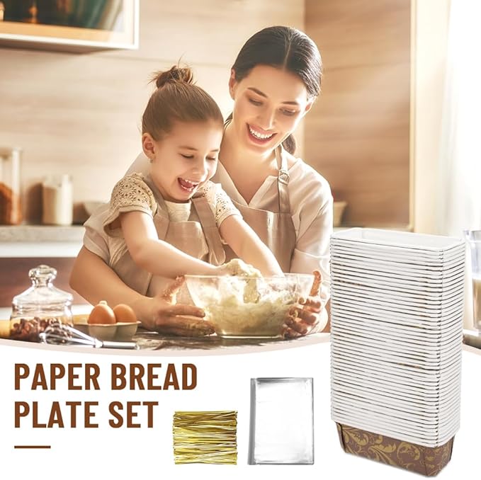 50 PCS Paper Loaf Pans for Baking, 6.3 x 2.2 x 2.2 Inch Small Disposable Baking Pans with Clear Plastic Bags and Ties, Rectangle Paper Bread Pans for Cake Bread Oven Loaf Bakery