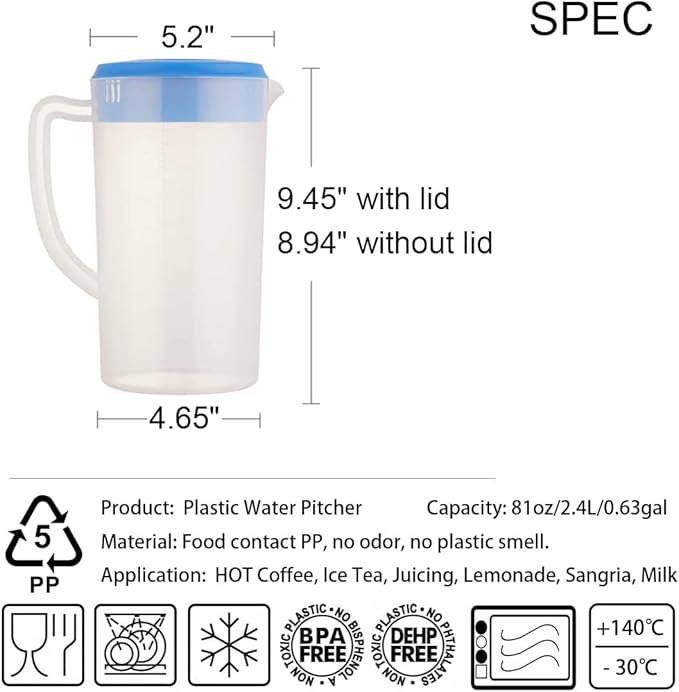 81oz/2.4Litre/0.63 Gallon Plastic Water Pitcher with Lid BPA-FREE Carafes Mix Drinks Water Jug for Hot/Cold Juice Beverage Ice Tea (Navy, 81oz)
