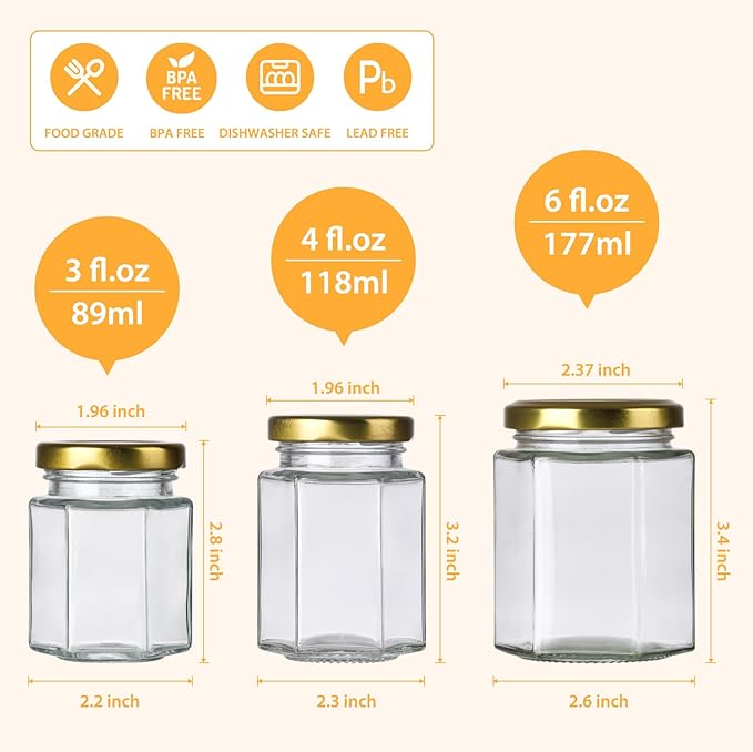 4 oz Small Honey Jars with Dipper, 30 Pack Hexagon Honey Jar for Baby Shower, Empty Glass Jars for Wedding Favors and Party Favors