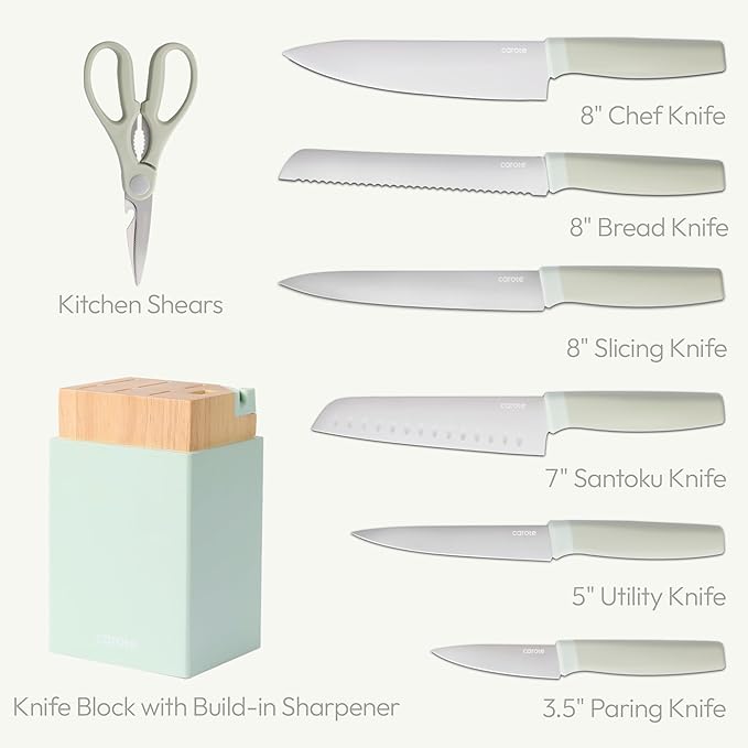 CAROTE 9 Pieces Kitchen Knife Block Set with Sharpener, Dishwasher Safe Knives for Kitchen, Forged Cutlery with Razor-Sharp Stainless Steel Blades, Green