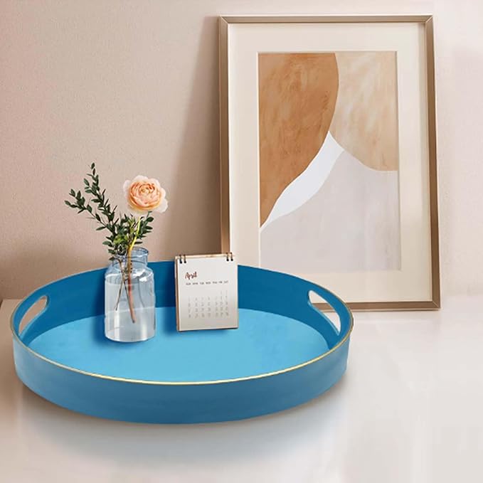 Round Serving Tray with Handles,Elegant Plastic Decorative Tray,Round Ottoman Trays Coffee Table Trays for Living Room,Home Decor 13"