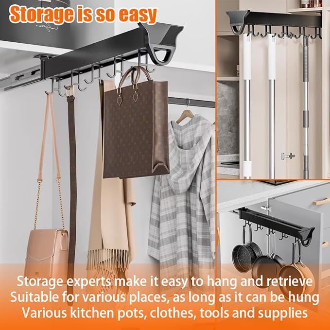 Pull Out Pot Rack, 22" Pull Out Pots and Pans Organizer with 16 Hook, Aluminum Alloy Hanging Pot Rack, Expandable Utility Rack, Sliding Under Cabinet Organization for Kitchen, Cabinet, Closet