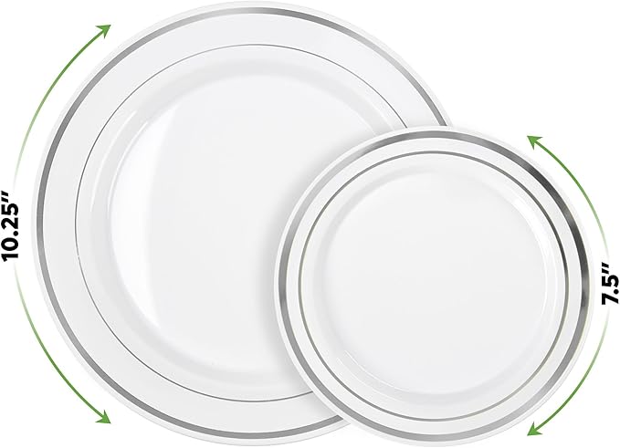 SETUP Case of 300 White Silver-Rimmed Plastic Plates - Premium Heavy-Duty Disposable Combo for Weddings and Parties - 150 10.25" Dinner and 150 7.5" Salad Plates