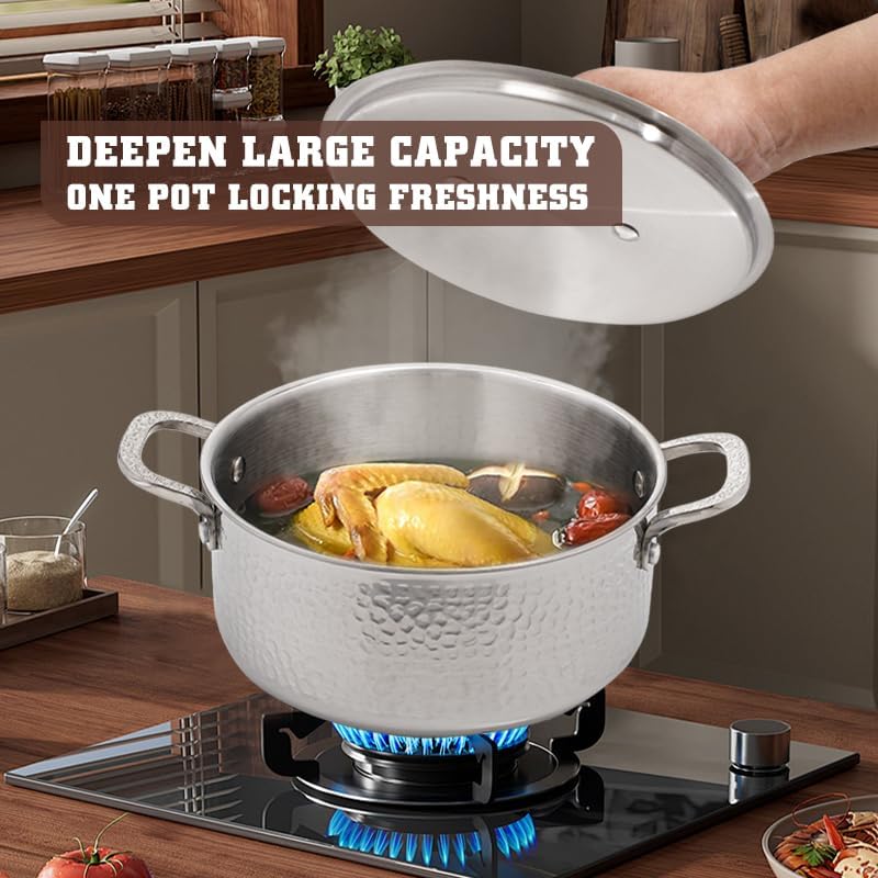 Vivicreate Tri Ply Stainless Steel Stock Pot with Lid 5 Quart Hammered Stockpot Induction Cooking Pot Soup Pot Compatible with All Stovetops (5QT)
