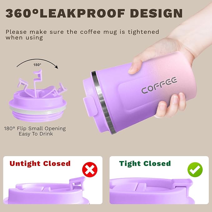 Travel coffee mugs leak-proof,coffee cups with lids, stainless steel vacuum insulated coffee tumblers, thermal insulation cups for men & women keep drinks hot & cold(2nd-Purple Pink, 17OZ)