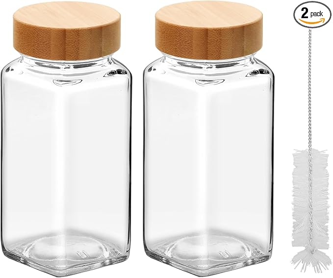 2Pcs 4oz Glass Spice Jars with Shaker Lids, Spice Jars Trial Set & Supplement Set, Empty Spice Containers and Square Spice Bottles for Kitchen (Bamboo Lids)