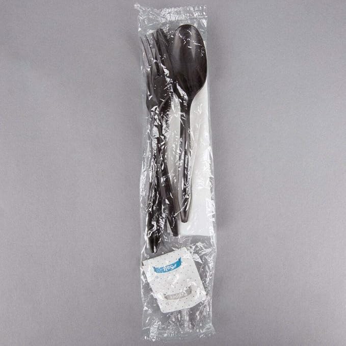 50 Plastic Cutlery Packets - Knife Fork Spoon Napkin Salt Pepper Sets | Black Plastic Silverware Sets Individually Wrapped Cutlery Kits, Bulk Utensil Cutlery Set Disposable To Go Silverware