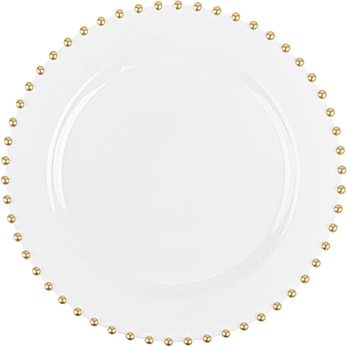 PLASTICPRO 64 Piece Combo Plastic Dinner Plates Disposable Plastic Fancy Heavy Duty Party Dishes 7 inch and 10 inch, White and Gold Beaded