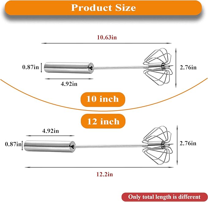 Stainless Steel Semi Automatic Whisk Egg Beater Whizzy Whisk, Hand Push Blender Kitchen Mixer Wisking Tool for Blending Cooking Gadgets (10in+12in)