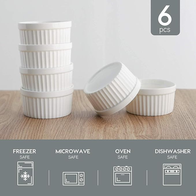 6 oz Ramekins Set of 6, Porcelain Ramekins Dishes for Creme Brulee,Souffle, Lava Cakes, Pudding, Custard Cups for Baking and Dipping,Oven Safe, White 3.7 inch