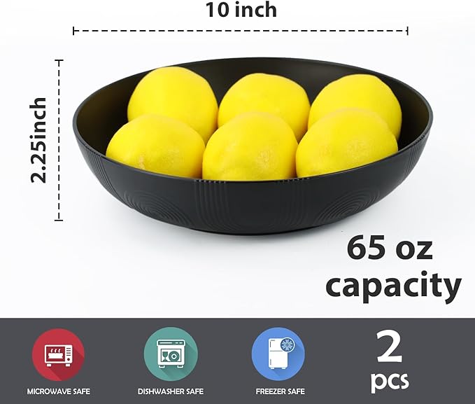 Wrova Large salad bowls,65oz Salad bowls set of 2,Unbreakable Plastic bowls Microwave & Dishwasher Safe Bowls,Wheat Straw Serving Bowls for Salad, Cereal, Fruit, Dishwasher Safe.Black