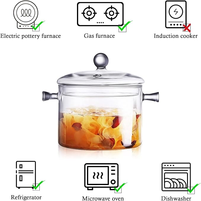 Clear Glass Simmer Pot for Stove Potpourri Cooking Saucepan with Cover Cookware Set Heat-Resistant Stovetop Pot And Pan with Lid, Soup, Milk, Baby Food,Fruit and Spices 1.5L/ 50 FL OZ