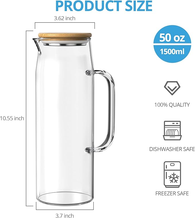 3 Sets Glass Pitcher with Lid, 50 oz / 1500 ml Water Carafe with Handles Hot Cold Beverage Water Jar Glass Jug (Bamboo lid)