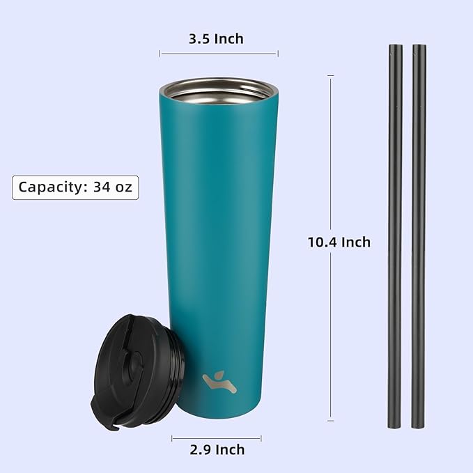 34 OZ Insulated Tumbler with Lid and 2 Straws Stainless Steel Water Bottle Vacuum Travel Mug Coffee Cup,Blue