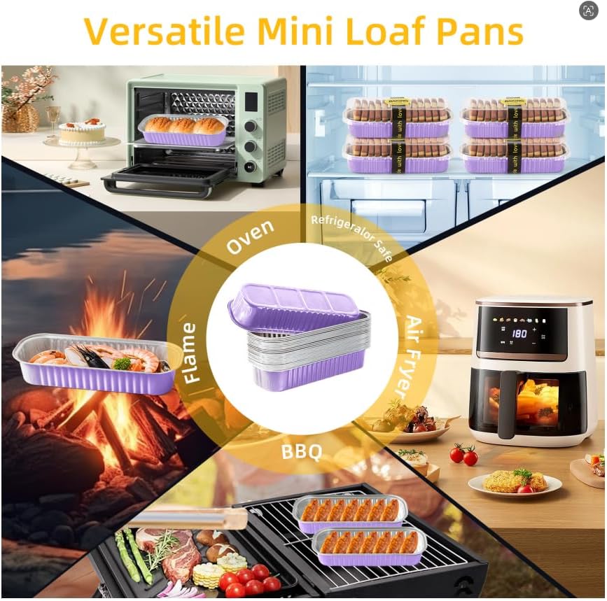 Lavender Purple Mini Loaf Pans with Lids & Spoons, 30 Count 6.8oz Disposable Aluminum Foil Cake Pans, Mini Cake Containers & Baking Tins for Desserts, Party Favors, Baking & Gift Packaging