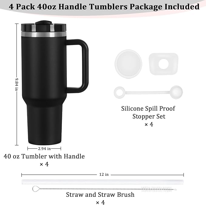 40 Oz Tumbler with Handle, Double Wall Vacuum Insulated Stainless Steel Tumbler with Lid and Straw, 40 oz cup with Silicone Spill Proof Stopper Set (Black-1)