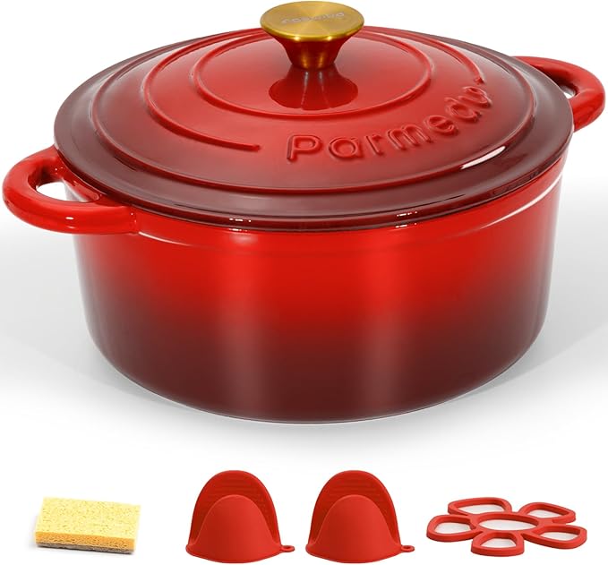 Parmedu 5.5QT Enameled Cast Iron Dutch Oven with Lid, Red Heavy Duty Pot for Sourdough, Bread Baking, Soup, Stews & Roasting with Recipe, Heat-Resistant Grips, Potholder, Cleaning Sponge
