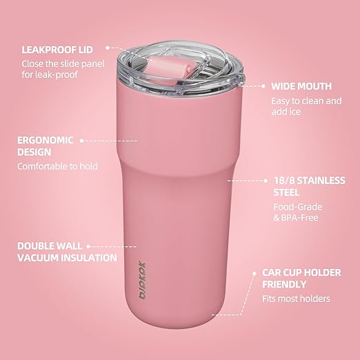 BJPKPK Insulated Tumbler with Lid,24oz Stainless Steel Tumbler,Double Wall Travel Coffee Mug Thermal cup,Keep Drinks Cold and Hot,Pink