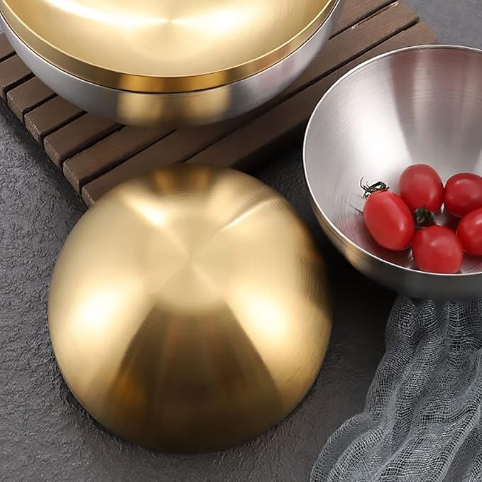 Stainless Steel Salad and Mixing Bowls Set of 2 - Nesting, Snacks, Serving for Cooking, Baking, Prepping - Small & Large 5.9 & 7.9 Inch (Gold)
