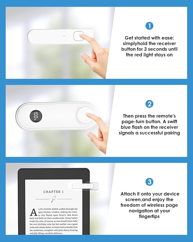 Remote Page Turner for Kindle Reading Accessories, Clicke for iPad iPhone Android Tablets E-Book Reading Noels, Camera Remote Shutter Selfie Controller, White