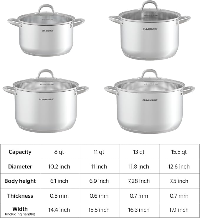 SUNHOUSE Stainless Steel Stock Pot - 16 Quart Heavy-Duty Induction Cooking Pot with Visible Lid for Pasta, Soup, Spaghetti - Nonstick Thick-Bottom Deep Stockpot for Canning, Boiling, and Simmering