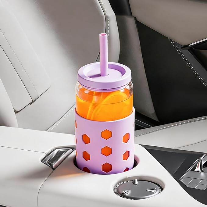 20 oz Glass Cups With Lids and Straws, 4-Pack Iced Coffee Cup - Smoothie Cup With Silicone Lid and Sleeve for Coffee Bar Accessory, Cute Drinking Glasses Set Reusable Glass Tumbler for Gifts