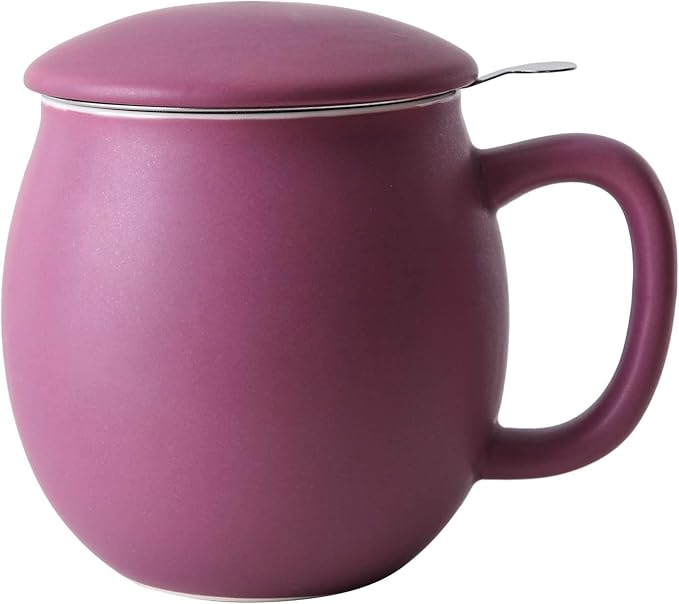 Yundu 12 OZ Matte Purple Ceramics Teacup with Infuser and Lid, Mug with Lid for Steeping - Stainless Steel Infuser for Loose Leaf Tea, Home Office Gift for Tea Lovers