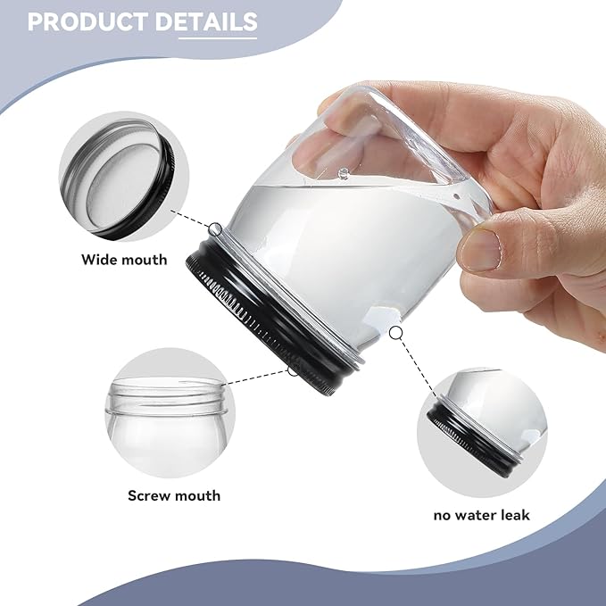 novelinks 8 oz Clear Plastic Jars with Airtight Lids, 8 Pack Plastic Mason Jars with Lids 8oz, Refillable Storage Slime Containers & Small Spice Jar for Kitchen Organization (8 Pack,Black)