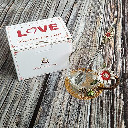 Enamel Sunflower Crystal Lead-Free Glass Tea Cup with Spoon Set, Present for The Christmas, Valentine's Day.Best Present for Mother, Grandma, Girlfriend, Sister.