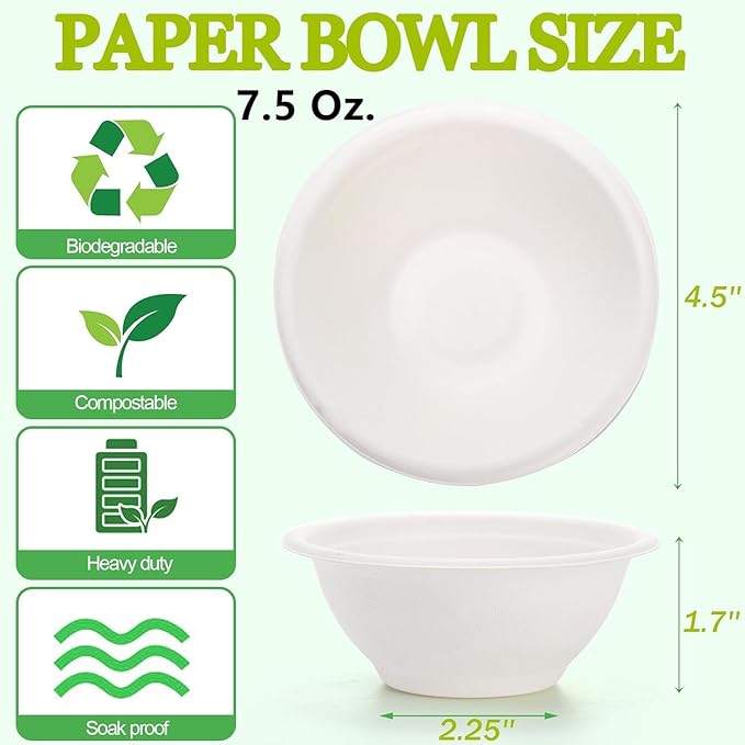 Yesland 250 Pack 8 oz Natural Biodegradable Sugarcane Bowls, White Small Disposable Paper Bowl Compostable Bagasse Soup Bowls, Microwave Chili Bowl for Salad, Dessert, Snack, Hot Soup