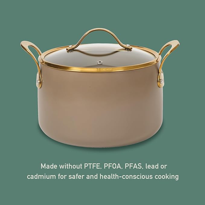 Bloomhouse - Two Time Oprah's Favorite Things Winner - 8 Quart Stock Pot w/Lid – PFAS-Free Ceramic Nonstick Dutch Oven Heavy Duty Aluminum Oven Safe Dishwasher Safe Cappuccino Cream w/Gold Handles