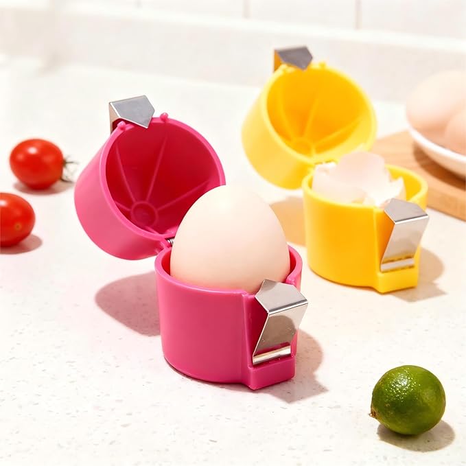 Premium PP Egg Shell Opener & Cracker, Clean Crack Egg Tool with Built-In Separator, Fits Multiple Egg Sizes, Dishwasher Safe Kitchen Gadget for Raw & Soft-Boiled Eggs, 2 Pcs (Rose Red & Yellow)