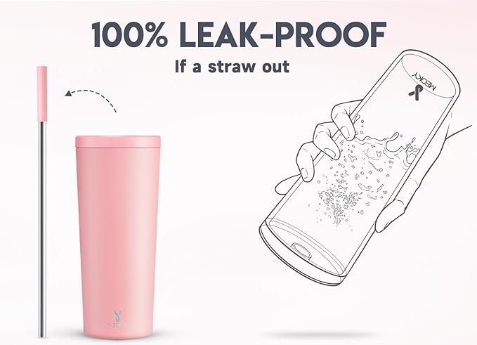 Meoky 24 oz Insulated Tumbler with Lid and Straw, Stainless Steel Vacuum Insulated Tumbler, Keeps Cold for 24 Hours, 100% Leak Proof, Fits in Car Cup Holder (Blush)