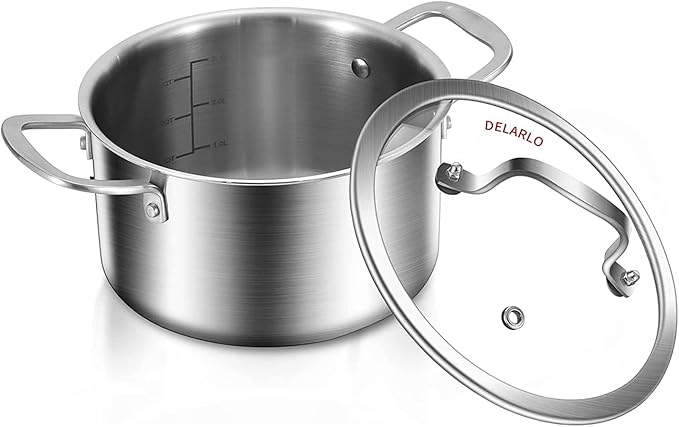 DELARLO Whole Body Tri-ply Stainless Steel Stock Pot with Lid 3.5QT, Cooking Pot Food Grade Cookware, Durable Soup Pot with Glass Lid,Suitable for All stoves, Dishwasher Safe