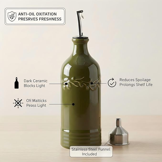 ONEMORE Ceramic Olive Oil Dispenser Bottle with Pour Spouts & Funnel, 17 oz Refillable Kitchen Oil Dispenser for Cooking, Drizzling, Dressing, Modern Leakproof Oil and Vinegar Dispenser, Olive Green