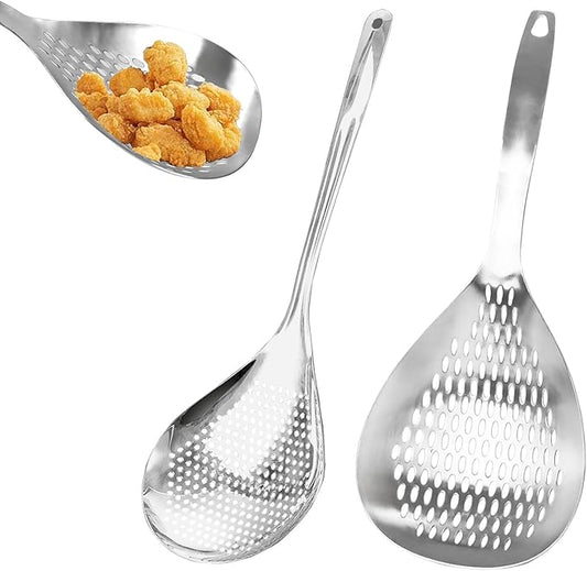 KAYCROWN Skimmer Slotted Spoon, 2 Pack Stainless Steel Pasta Spider Strainer Skimmer Ladle Spoon for Frying and Cooking, Frying Strainer, Kitchen Cooking Colander
