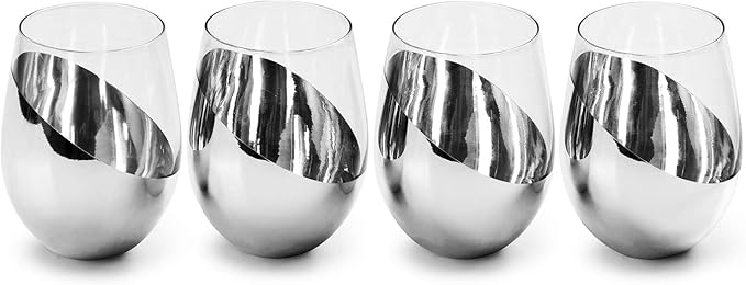 MyGift Premium Silver Stemless Wine Glasses Gift Set of 4 Modern Metallic Barware with Elegant Accents, Perfect Wedding & Anniversary Present - Dishwasher Safe & Shatter Resistant