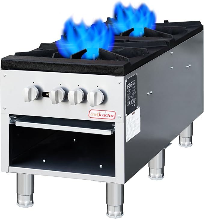 Commercial Gas Stove with Cabinet, 160,000 BTU 2 Burner Stove Range, 18" Countertop Cooking Stockpot Range for Restaurant, kitchens & school, Stainless Steel Gas Hot Plate