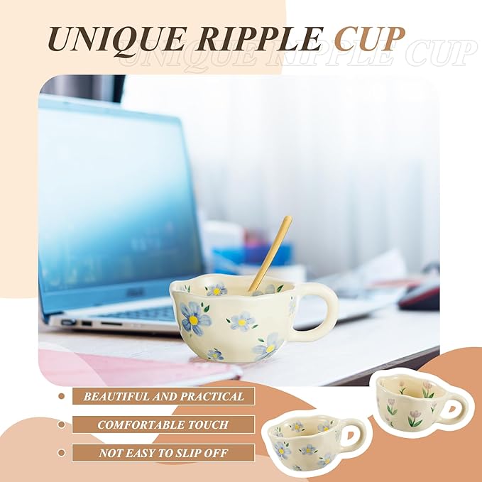 Vesici 2 Pcs Ceramic Coffee Mugs with Spoon, Vintage Floral Spring Mugs with Handle, 8.5 oz Aesthetic Flower Porcelain Tea Cup Set, Dishwasher & Microwave Safe for Home Office Gift(Vibrant)
