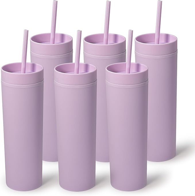 sweet grain Skinny Tumblers with Lids and Straws(6 Pack) - 16oz Matte Pastel Colored Skinny Acrylic Tumblers, Double Wall Plastic Tall Skinny Tumblers Bulk for Cold Hot Drinks - Purple