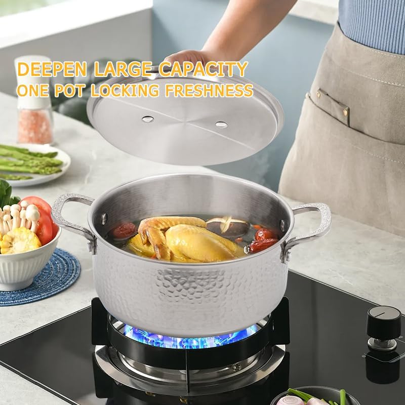 Vivicreate Tri-Ply Stainless Steel Stockpot Deep Cooking Pot with Hammered Exterior Compatible with All Stovetops Even Heat Distribution Durable Cookware for Soups Stews and More 4 QT