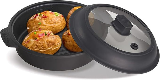 Microwave Grill Pan, Fry Griddle Crisper Pan with Lid for Grilling Browning and Crisping Foods Microwave Silicone Cookware for Baked Potato Meat Sandwich Vegetable Dark Grey