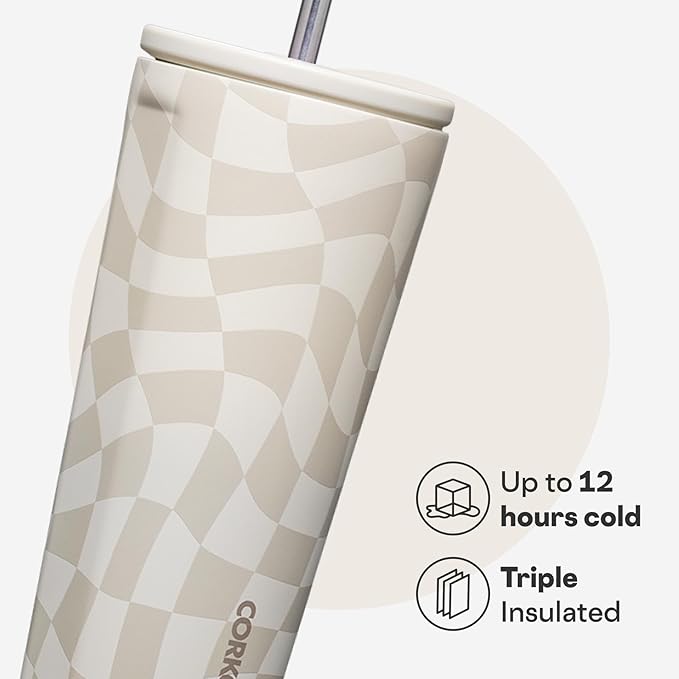 Corkcicle Cold Cup - Triple Insulated Tumbler with Straw - 12 Hours Cold - Leak-Resistant Lid - Easy Grip - Non-Slip Bottom - Summer Drinkware Gift - Keeps Drinks Ice Cold - 24 oz - Wavy Checkerboard