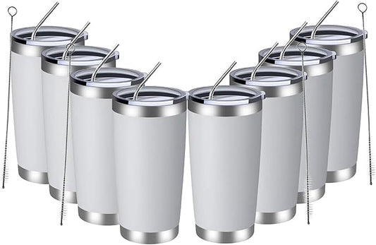 MEWAY 20oz Tumbler 8 Pack Double Wall Vacuum Insulated Travel Mug Bulk, Stainless Steel Tumblers with Lid and Straw, Durable Powder Coated Coffee Cups for Cold & Hot Drinks (White, 8)