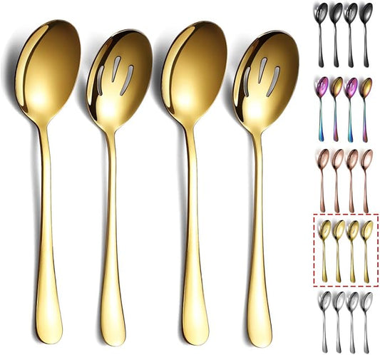 Gold Serving Spoons 4 Pieces, Kyraton Titanium Plating Serving Spoon, Include 2 Serving Spoon And 2 Slotted Spoons, Stainless Steel Serving Utensils, Serving Set Packing of 4