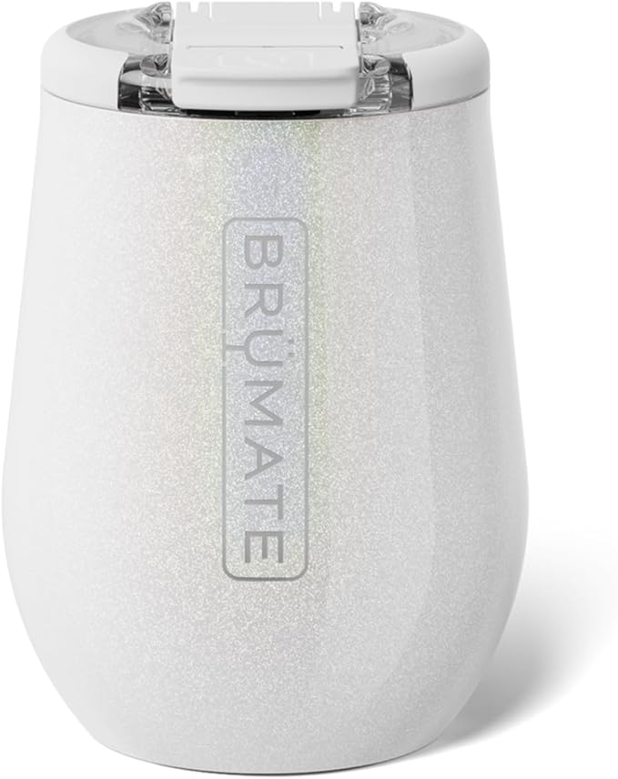 BrüMate Uncork'd 14oz 100% Leakproof Insulated Wine Tumbler | Locking Lid | Insulated Stainless Steel Wine Glass | Perfect For Travel & Outdoors | BPA-Free (Glitter White)