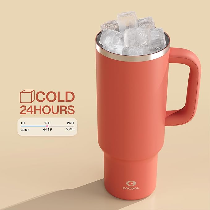 ENCOOL 40 oz Tumbler with Handle and Straw: Stainless Steel Insulated Tumbler Keeps Cold for 24 Hours, Leakproof Travel Cup Fits in Cup Holder and BPA-Free,Tawny Orange