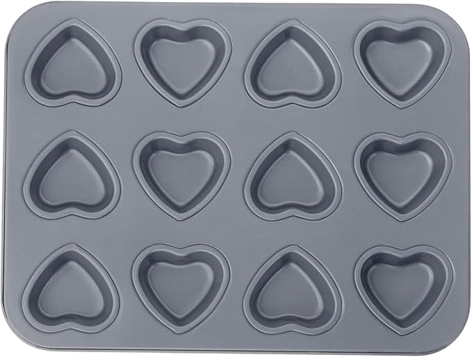 Fox Run Mini Heart Muffin Pan, 12-Cup, Preferred Non-Stick, Gray